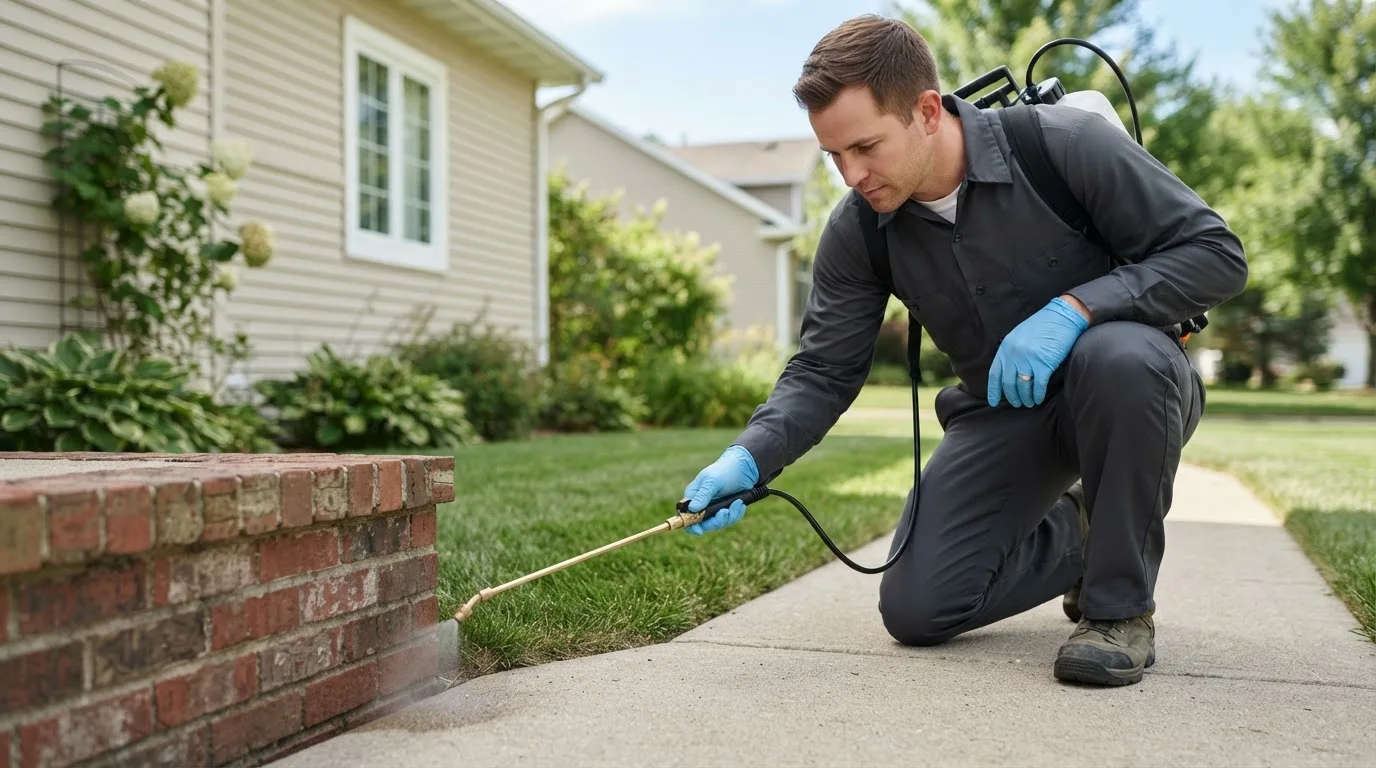 Pest control technician treating a home near Rillton, PA